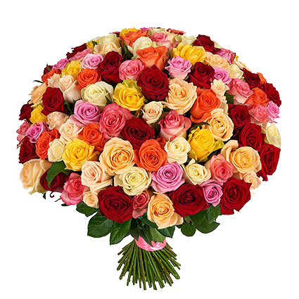 Ziedu piegāde Latvijā. Iespaidīgs pušķis no 101 krāsainas rozes. Rožu garums 60 cm.

Ziedu klāsts ir ļoti plašs