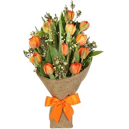 Ziedi un to piegāde. 11 oranžas tulpes ar vaska puķi īpaši ērtā, skaistā iepakojumā pārsteigs ikvienu.