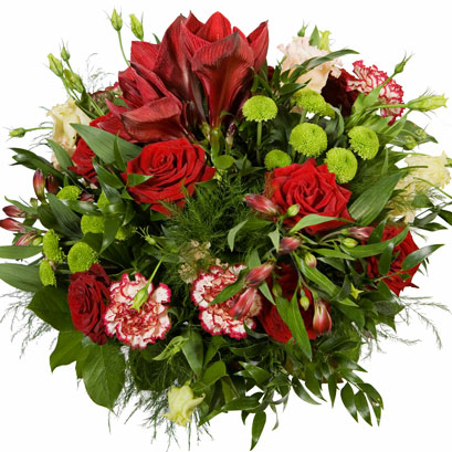 Flowers on-line. Bouquet of red roses, red amaryllis, red alstroemerias, white lisianthus, carnations and green