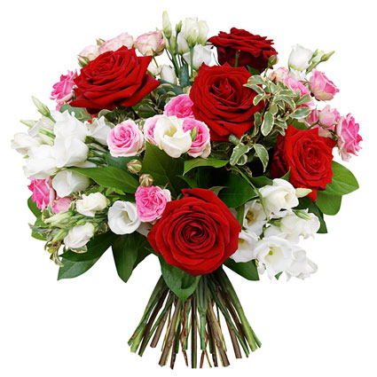 Flowers in Latvia, exquisite flower bouquet of red roses, pink roses and white lisianthus