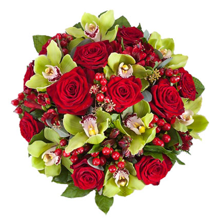 Flowers. Gorgeous bouquet of red roses, orchid flowers, red alstromerias, decorative red berries, decorative foliage.