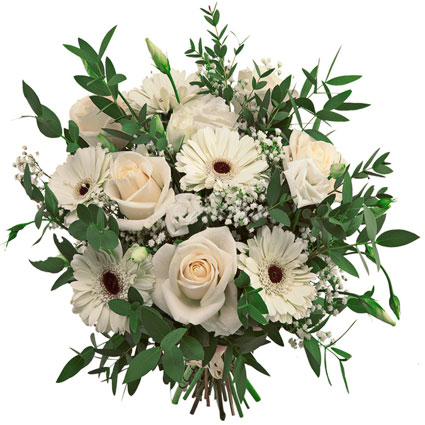 Ziedu piegāde Rīgā. Ziedu pušķis gaišos toņos no baltām rozēm, kremkrāsas gerberām, baltām lizantēm