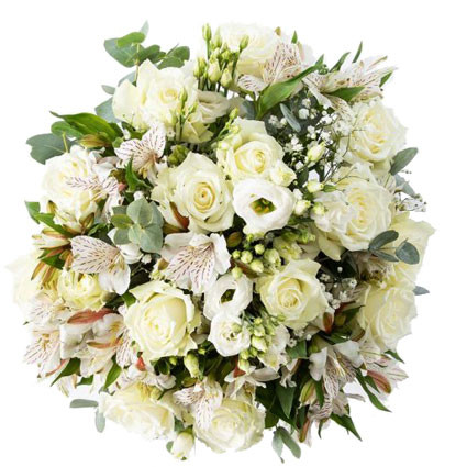 Bouquet of white roses, white lisianthus and white alstroemeria.