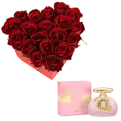 Arrangement of 19 red roses in a heart-shaped box and perfume