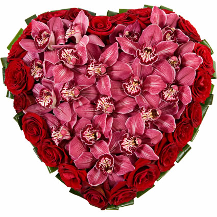 Flower delivery Latvia. Heart - shaped flower arrangement of red roses and pink orchids.  Size 45 cm.