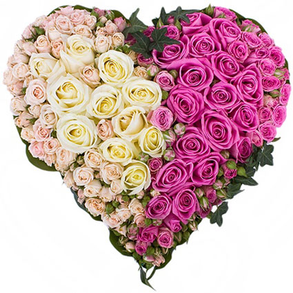 Flowers on-line. Heart - shaped arrangement of white roses, pink roses, pink spray roses. Size 45 cm.