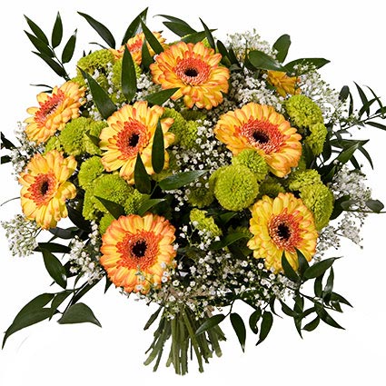 Ziedu piegāde. Burvīgs ziedu pušķis no oranžīgām gerberām, zaļām sīkziedu krizantēmām, baltiem smalkziediem