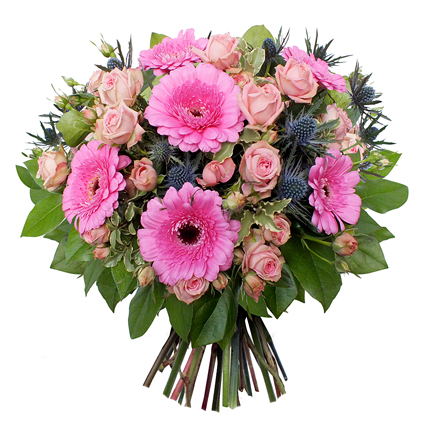 Ziedi ar kurjeru. Ziedu pušķis no rozā krūmrozītēm, rozā gerberām, dekoratīvām ežziedēm un zaļumiem.
 Ziedu piegade