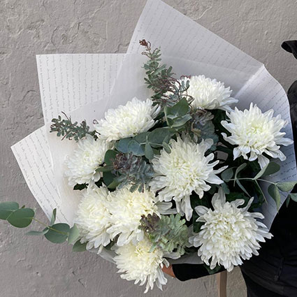 White chrysanthemum bouquet with eucalyptus