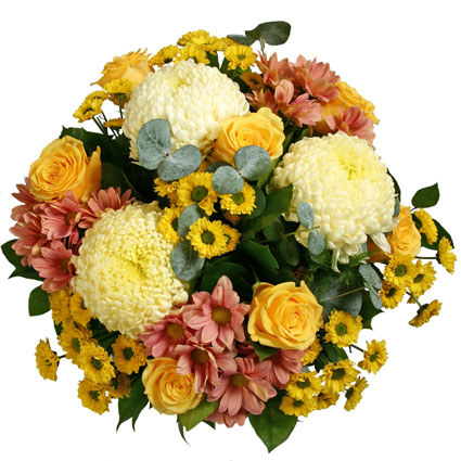 Flowers delivery. Wonderful bouquet of roses and chrysanthemums.