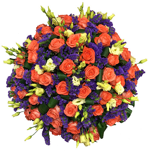 Ziedi. Grezns, apjomīgs ziedu pušķis no laškrāsas rozēm, baltām lizantēm, zilām limonijām un dekoratīvām aspidistra