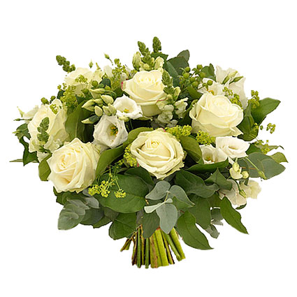 Flower delivery Riga. Summer flowers bouquet of white dragon flowers, white roses and lisianthus.