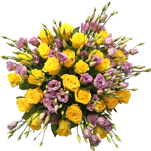 Ziedi Rīga. Ekstravagants ziedu pušķis no 25 vai 15 dzeltenām rozēm un 17 vai 10 violetām lizantēm. Attēlā redzams lielākais