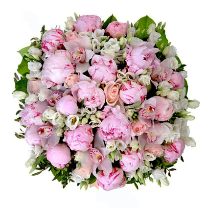 Flowers delivery. Bouquet of pink peonies, pink roses, white lisianthus and cymbidium orchids.