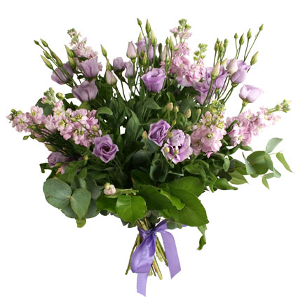 Flower delivery. An airy bouquet of purple lisianthus and fragrant matthiola.