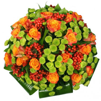 Flower delivery Latvia. Bouquet of orange roses, green chrysanthemums, red decorative berries and decorative foliage.