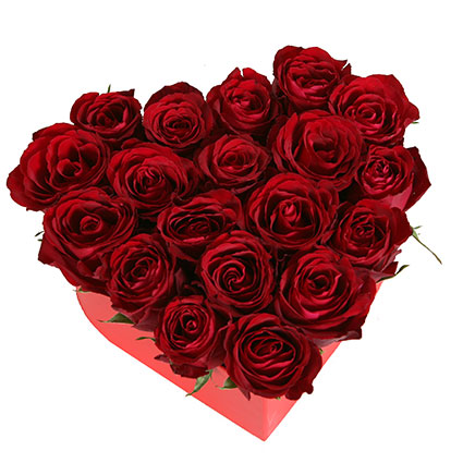 Arrangement of 19 red roses in a heart-shaped box delivery Riga
