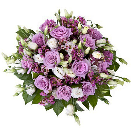 Flower delivery. Luxurious bouquet of purple roses, white lisianthus and pink waxflower.