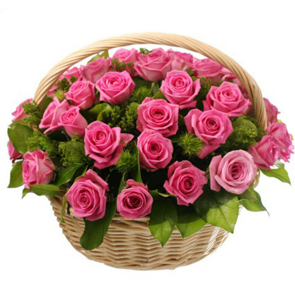 Flowers delivery. Beautiful arrangement of 29 pink roses and foliage in decorative basket.