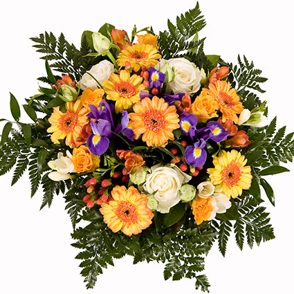 Flowers on-line. Bouquet of white roses, white freesias, white spray roses, orange freesias, orange-yellow gerberas