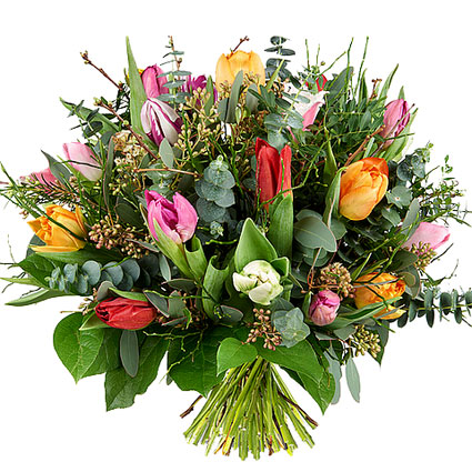 Ziedi Latvijā. Ziedu pušķis pavasara noskaņās no 25 dažādu krāsu tulpēm un dekoratīviem smalkziediem un zaļumiem.

 Ziedu
