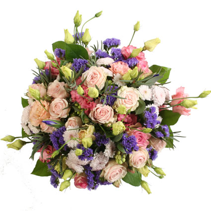 Flowers in Riga. Exquisite floral bouquet of pink roses, pink lisianthus, blue limonium and pink chrysanthemums santini.