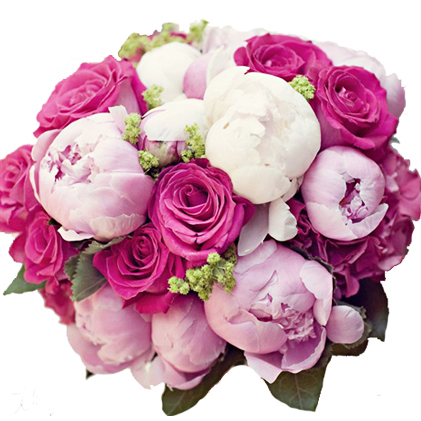 Ziedi ar kurjeru. Ekskluzīvs peoniju un rozā rožu pušķis ar smalkziediem un zaļumiem.
 Ziedu klāsts ir ļoti plašs. Var