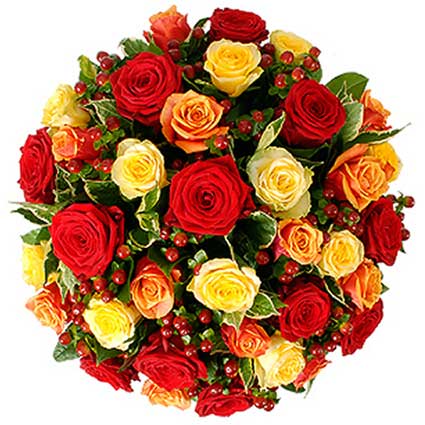 Flower delivery Riga. Bouquet of 23 or 35 red, orange, cream-colored roses, red decorative  berries, decorative foliage.