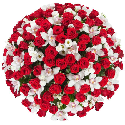 Flowers on-line. Luxurious bouquet of 100 red roses, white lisianthus and white orchid flowers.