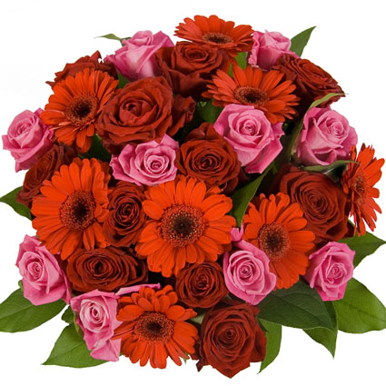 Ziedu veikals Rīgā, ziedi uz pasūtījumu, Ziedu pušķis no sarkanām rozēm, rozā rozēm, sarkanām gerberām, dekoratīviem zaļumiem.
