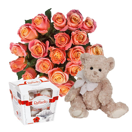 Gift set: 19 medium length roses, cute Teddy bear with a ribbon (40 cm) and Raffaello candies (150 g)