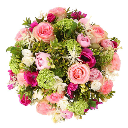 Ziedi ar piegādi. Bagātīgs ziedu pušķis no rozā rozēm, rozā peonijām, lizantēm, frēzijām, dekoratīviem sezonas smalkziediem