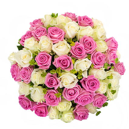 Flowers in Riga. Bouquet of 25 pink and 26 white roses with decorative foliage.