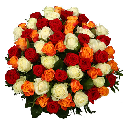 Магазин цветов. Впечатляющий букет из 59 или 29 красных, оранжевых и белых роз с деко