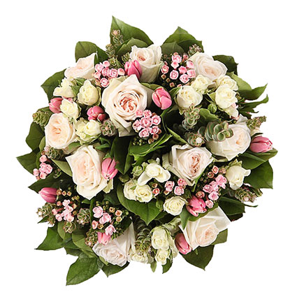 Burvīgs ziedu pušķis ar rozēm un tulpēm
