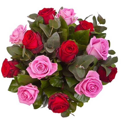 Rožu pušķis: 7 sarkanas rozes, 6 rozā rozes, dekoratīvi zaļumi, rožu garums 50 - 60 cm