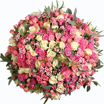 Flower delivery Riga. A wonderful bouquet of 105 pink and white roses, pink bovardia and decorative eucalyptus.