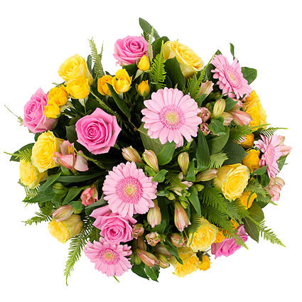Ziedu piegāde Latvijā. Bagātīgs ziedu pušķis veidots no rozā un dzeltenām rozēm, rozā gerberām, dzeltenām krūmrozēm, rozā
