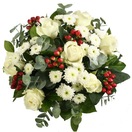 Flower delivery Latvia. Bouquet of white roses, white chrysanthemums, red decorative berries and foliage.
