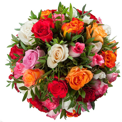 Flower delivery Latvia. Bouquet of 27 multicolored roses and decorative foliage.