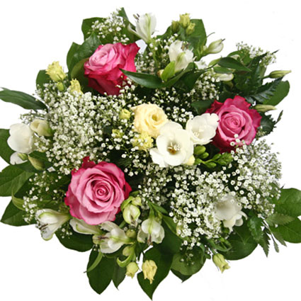 Ziedu piegāde Latvijā - ziedu pušķa satāvā rozā rozes, baltas frēzijas, baltas lizantes, baltas alstromērijas, balti smalkziedi