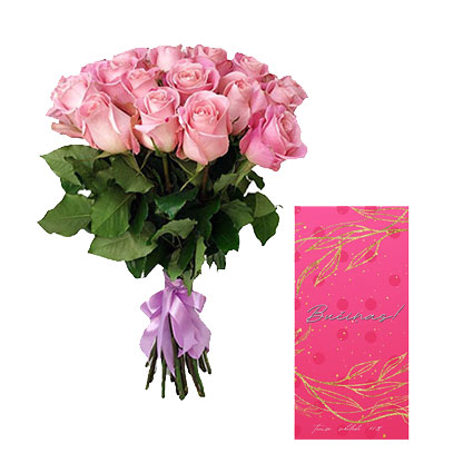 premium ziedu piegāde, supercena, dāvanu komplekts: 15 rozā rozes un tumšā šokolāde