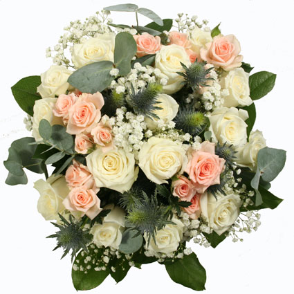 Flowers. Delicate bouquet of white roses, pink spray roses, white and blue decorative flowers and fresh eucalyptus accents.