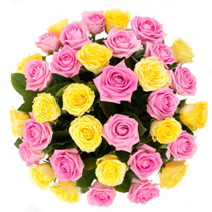 Flowers on-line. Unusual bouquet of 35 yellow and pink roses. Rose length 60 cm.