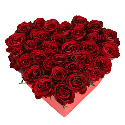 Ziedu piegade Valentindienā, sarkanu rožu kompozīcija sirds formas kārbā