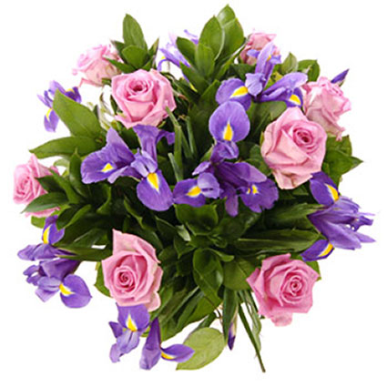 Flowers in Riga. Bright blue irises and pink roses in a playful mood. Enjoy the beauty of this flower bouquet!