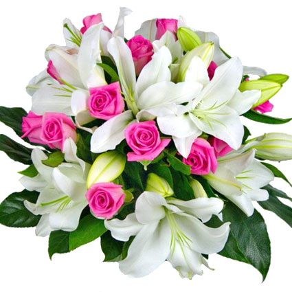 Цветы с доставкой. Шикарный букет из белых лилий с акцентами розовых роз.