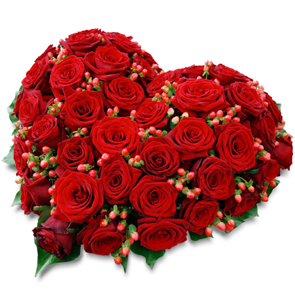 Flower delivery Riga Valentines day Heart-shaped arrangement of 49 red roses and decorative red berries
