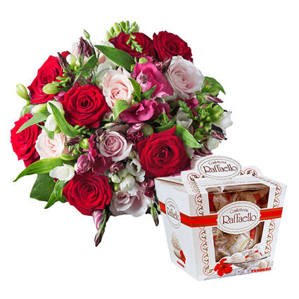 Flowers. A very romantic and delightful gift for Valentines day. A flower bouquet and classic Raffaello sweets. The bouquet