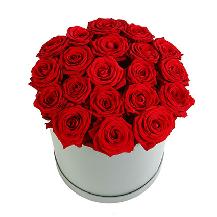 Flower delivery Latvia. A beautiful arrangement of 21 red roses in a round gift box